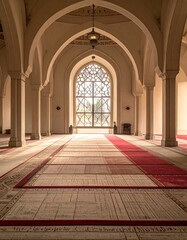 Obraz premium Interior of a mosque with arches and carpet leading to window.