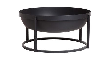 Modern black fire pit with three-legged metal stand on transparent background