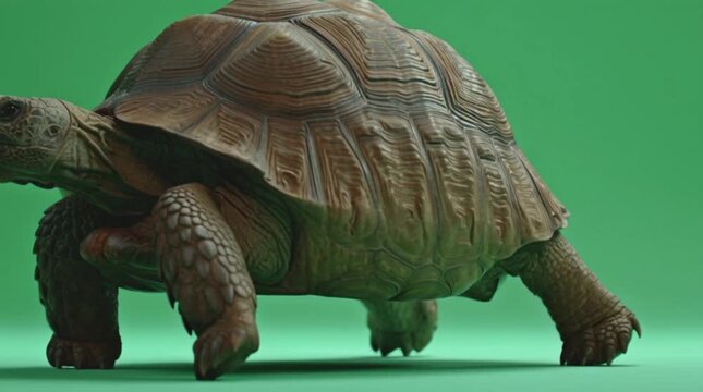 Close-up of a brown tortoise walking on a green background