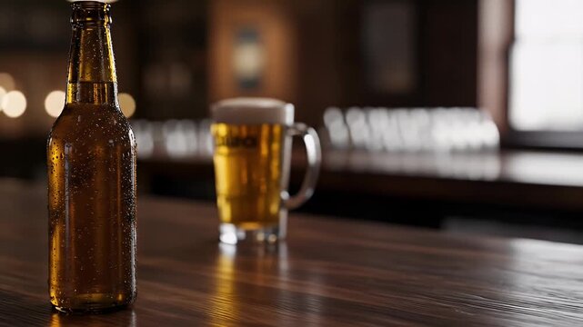 Cold Beer Bottle and Frothy Mug on Bar Table in Dimly Lit Pub