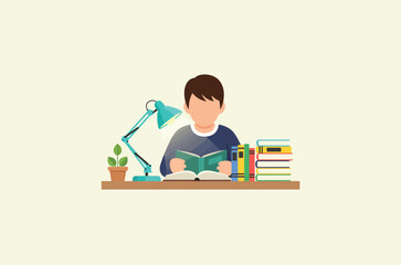 Flat Vector Illustration: Focused Man Studying at Desk