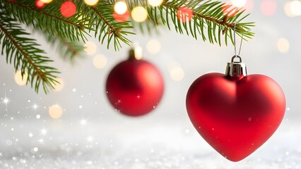 Close-up of red heart shaped Christmas ornament on fir branch with bokeh lights for holiday love concept