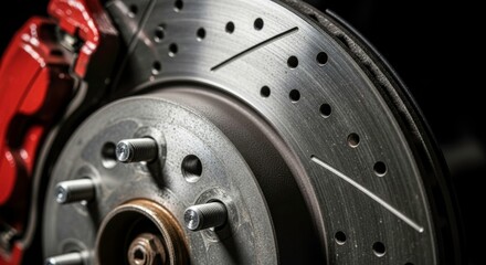 Close-up of a high-performance drilled and slotted brake rotor showcasing its intricate design and