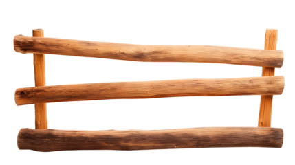Rustic wooden fence with three logs and vertical posts on transparent background