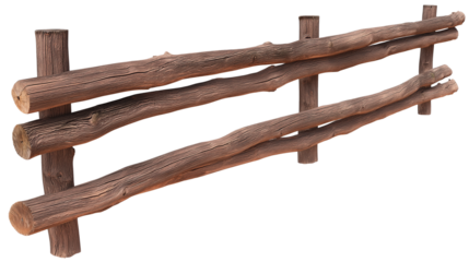 Rustic wooden fence with three horizontal logs and four vertical posts on transparent background