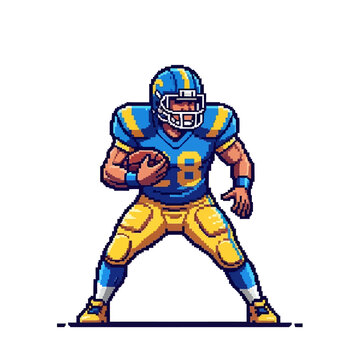 Pixelated athlete in a dynamic pose, featuring an American football player in retro 8-bit video game style. Isolated character sprite illustration