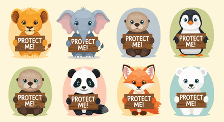 Endangered animals holding signs with transparent background