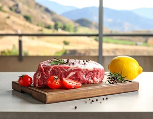 Raw steak with tomatoes, lemon, and herbs on a wooden board with mountain view