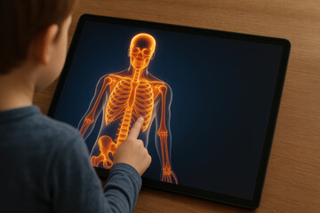 Child interacts with tablet displaying educational technology illustration of human skeleton. This engaging visual aids in learning about anatomy and promotes curiosity in science