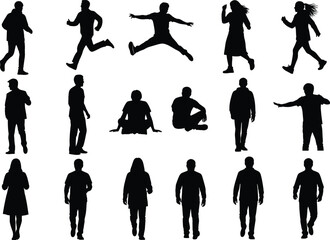 Silhouettes of sixteen people in motion, walking, running, jumping, sitting, gesturing, ideal for design, animation, lifestyle and behavior studies