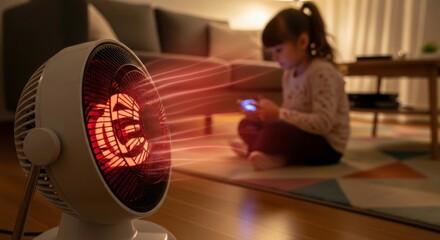 Girl using a smartphone near an electric heater for warmth on a cold night indoors