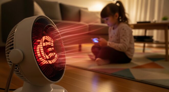 Girl using a smartphone near an electric heater for warmth on a cold night indoors