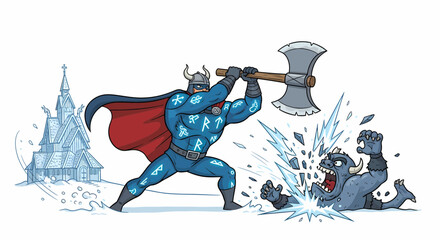 Superhero Smashing a Monster with a Hammer.