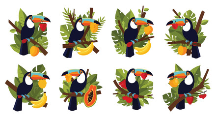 Tropical toucans with fruits and leaves