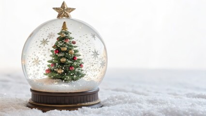 Elegant snow globe showcasing a decorated Christmas tree with red and gold ornaments, topped with a glittery star, surrounded by snowflakes.