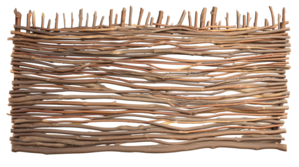 Meticulously woven arrangement of intertwined branches with rustic, organic structure on transparent background