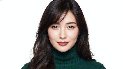 Portrait of a young Asian woman with long dark hair wearing a dark green turtleneck sweater against a white background chinese