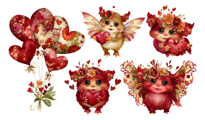 Adorable Fantasy Creatures Celebrating Valentine's Day with Hearts and Balloons