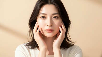 Young Asian woman with long dark hair gently touching her face with soft lighting and a plain background chinese korean japanese