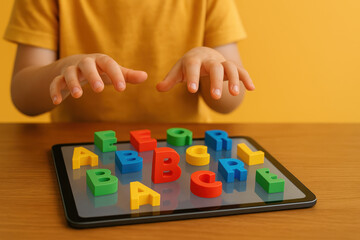 Fototapeta premium Engaging in educational technology, child interacts with colorful alphabet blocks on tablet, enhancing learning through play and creativity. This innovative approach fosters cognitive development