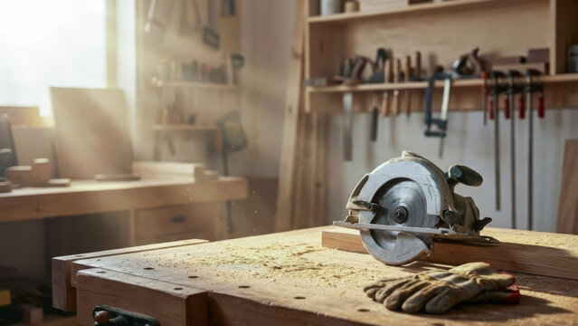 Woodworking workshop with circular saw and gloves on table, warm light and dust particles creating copy space background for craftsmanship themes.