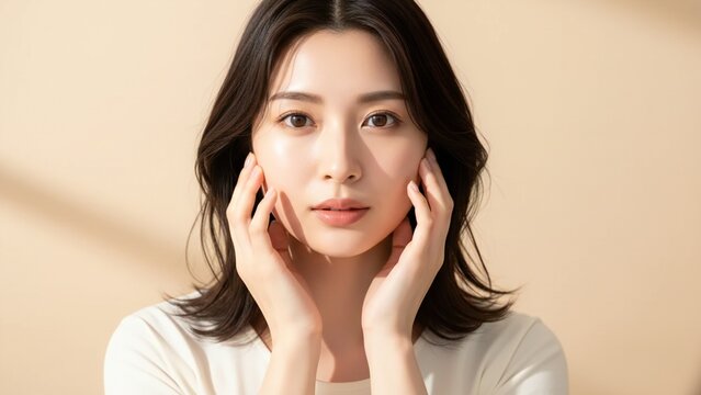 Young Asian woman with long dark hair gently touching her face with soft lighting and a plain background chinese korean japanese