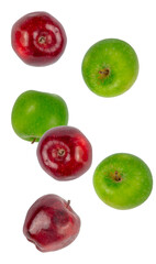dynamic photograph capturing five fresh apples, a mix of vibrant red and green varieties, floating or falling isolated against a transparent background.