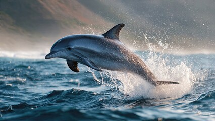 Fototapeta premium Jumping dolphin displaying grace in ocean waves against cloudy sky