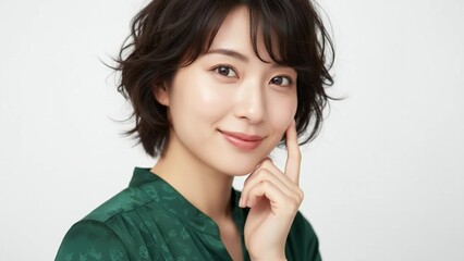 Close up portrait of a young Asian woman with a gentle smile dark wavy hair and a green patterned shirt touching her cheek