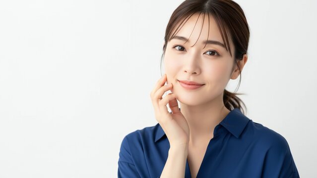 Portrait of a young Asian woman with smooth skin a gentle smile and hand touching her cheek against a clean white background