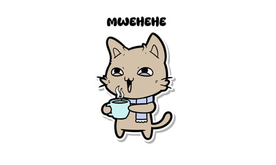 Obraz premium Mischievous cartoon cat sticker in striped scarf holding steaming mug with happy expression.