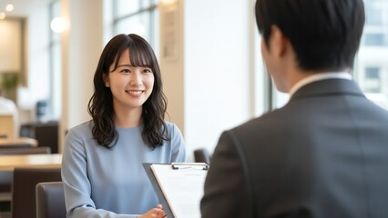 Young Asian female smiling and talking with a male colleague holding a clipboard in an office setting chinese korean japanese