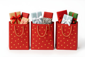 Festive red gift bags brimming with colorful presents and ribbons ready for a joyful holiday season surprise, perfect for Christmas or birthdays