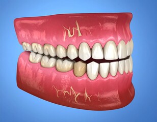Realistic dental rendering showing the upper and lower set of teeth, on a blue background