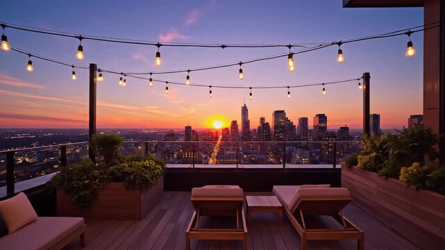 Rooftop lounge at sunset with city skyline and string lights