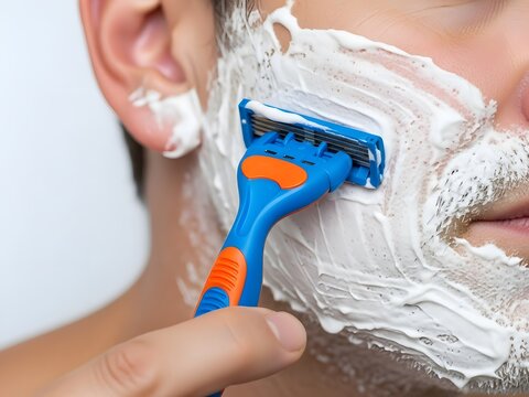 Close-up of man shaving cheek with blue razor and white shaving foam for daily grooming routine