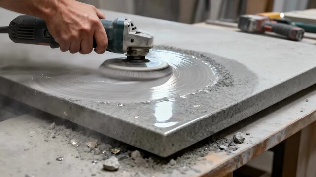 Medium shot capturing polishing process on concrete countertop highlighting smooth gray stone texture evolving into a refined finish.