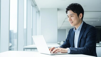 Smiling Asian man in dark suit and blue shirt typing on a white laptop at a white desk with large windows in the background