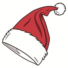 Illustration of red santa claus hat with white fluffy trim and pom pom