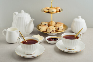 English Afternoon Tea  in elegant white porcelain cups