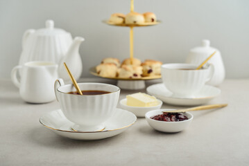 English Afternoon Tea  in elegant white porcelain cups
