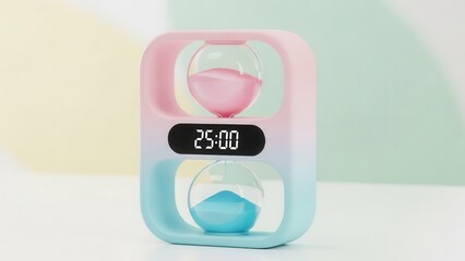 Unique hourglass timer with digital display, showcasing a gradient pink and blue color scheme and