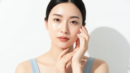 Close up studio portrait of a young Asian woman with clear radiant skin touching her face soft light chinese korean japanese