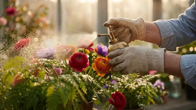 Watering colorful ranunculus flowers in a greenhouse with a vintage brass mister