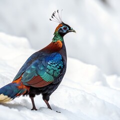 A beautiful himalayan Monal forging on the ground  snow on the mountain 