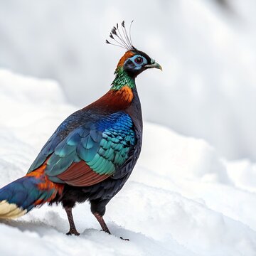 A beautiful himalayan Monal forging on the ground  snow on the mountain 