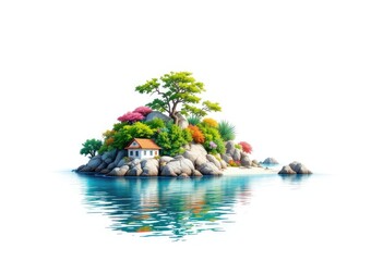 Tiny island paradise with a small house, lush vegetation, and a tranquil reflection