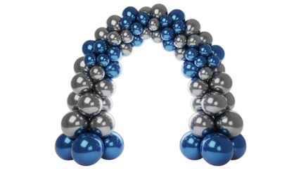 A striking balloon archway constructed from metallic silver and deep blue balloons against a stark black background