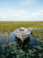 Calm boat in a grassy marsh