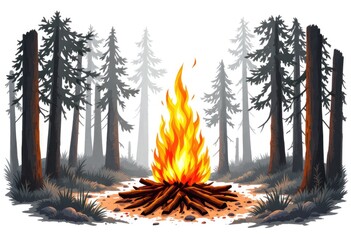 Campfire in a misty forest